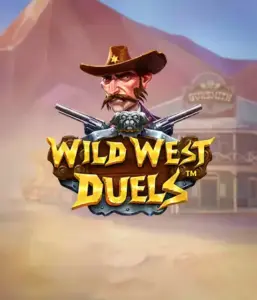  Step into the rugged world of "Wild West Duels" by Pragmatic Play, featuring a tough gunslinger ready for a showdown. The image shows a resolute cowboy with crossed pistols, framed by a dusty Western town. His intense eyes and detailed attire embody the spirit of the Old West. The game's title is boldly presented in an ornate font, complementing the exciting theme. 